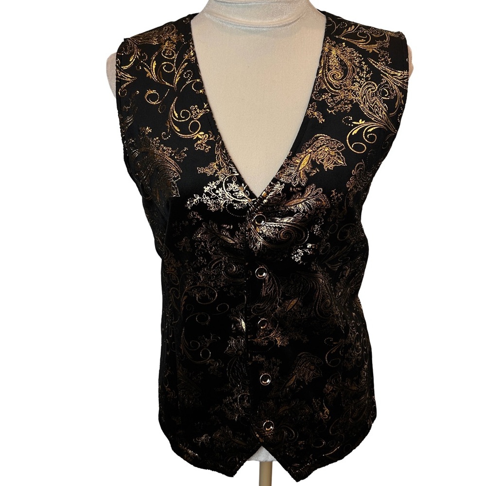 Black and Gold Print Paisley Women's Button Front Vest‎